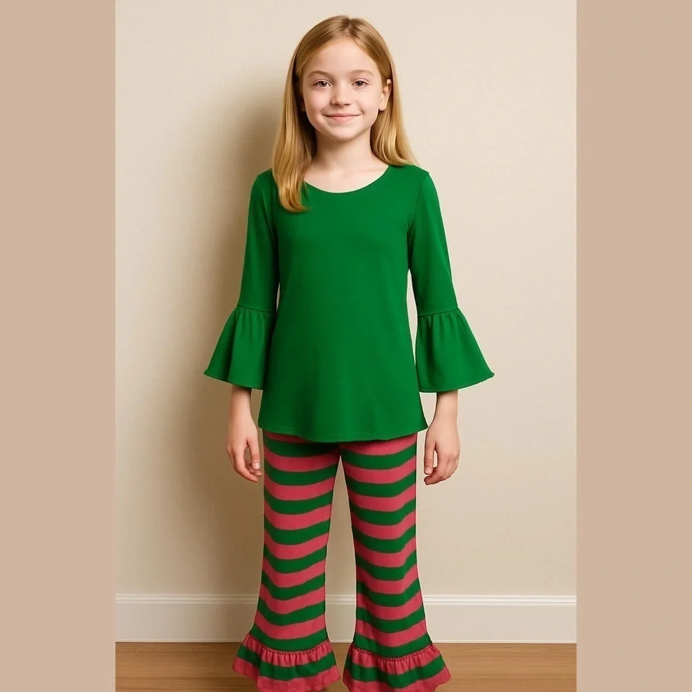 Ruffle girl outfit size 14 pants and top green